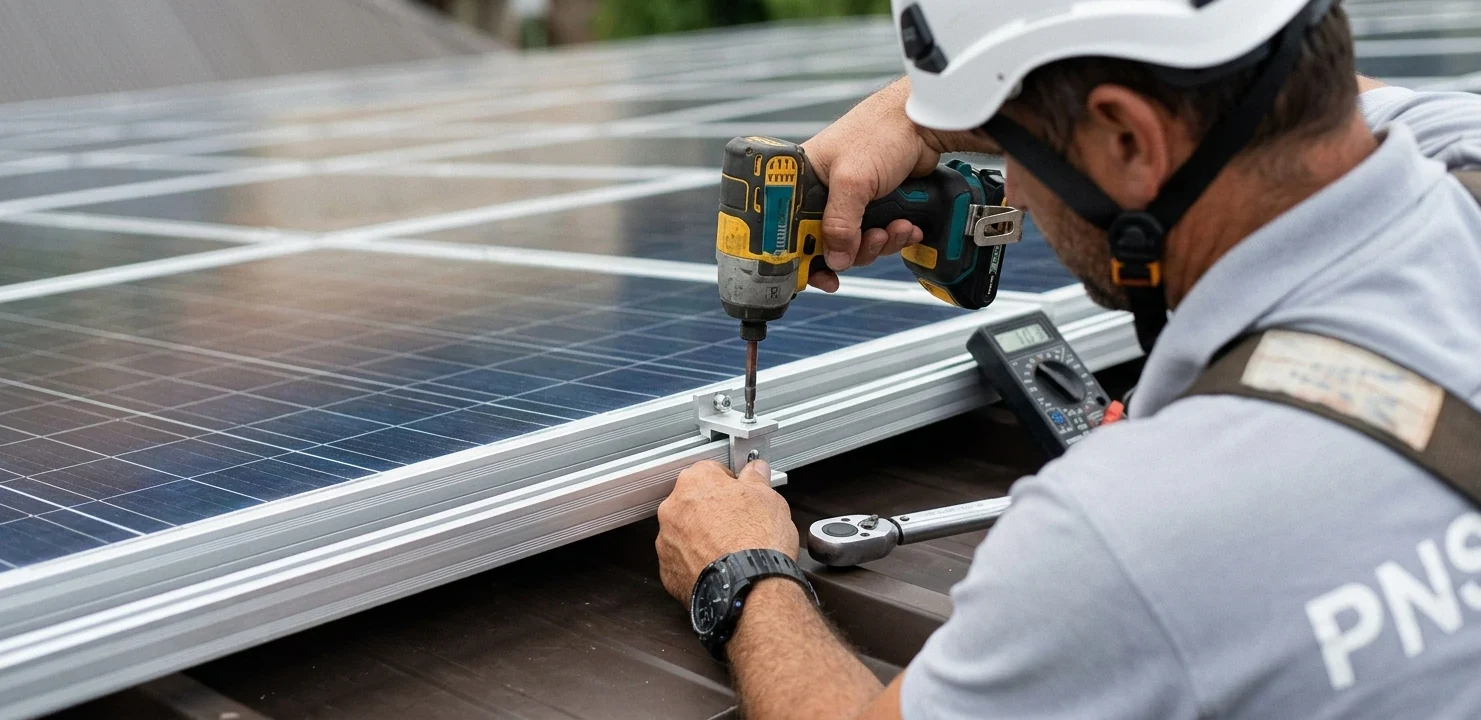 Gros plan technique pose rails de panneaux solaires PNS à Meaux